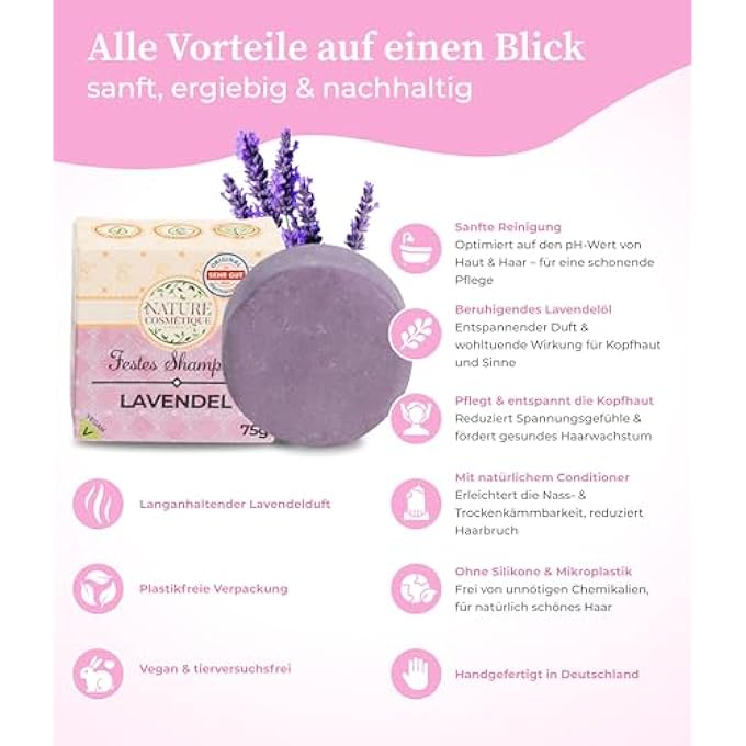 NATURE COSMTIQUE SOLID SHAMPOO LAVENDER - SUSTAINABLE CARE FOR HAIR & SCALP - WITH ORGANIC COCONUT OIL, ALOE VERA & VEGETABLE GLYCERINE - VEGAN, PLASTIC-FREE & HANDMADE IN GERMANY - Image 3
