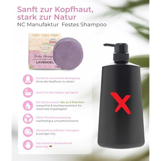 NATURE COSMTIQUE SOLID SHAMPOO LAVENDER - SUSTAINABLE CARE FOR HAIR & SCALP - WITH ORGANIC COCONUT OIL, ALOE VERA & VEGETABLE GLYCERINE - VEGAN, PLASTIC-FREE & HANDMADE IN GERMANY - Image 2