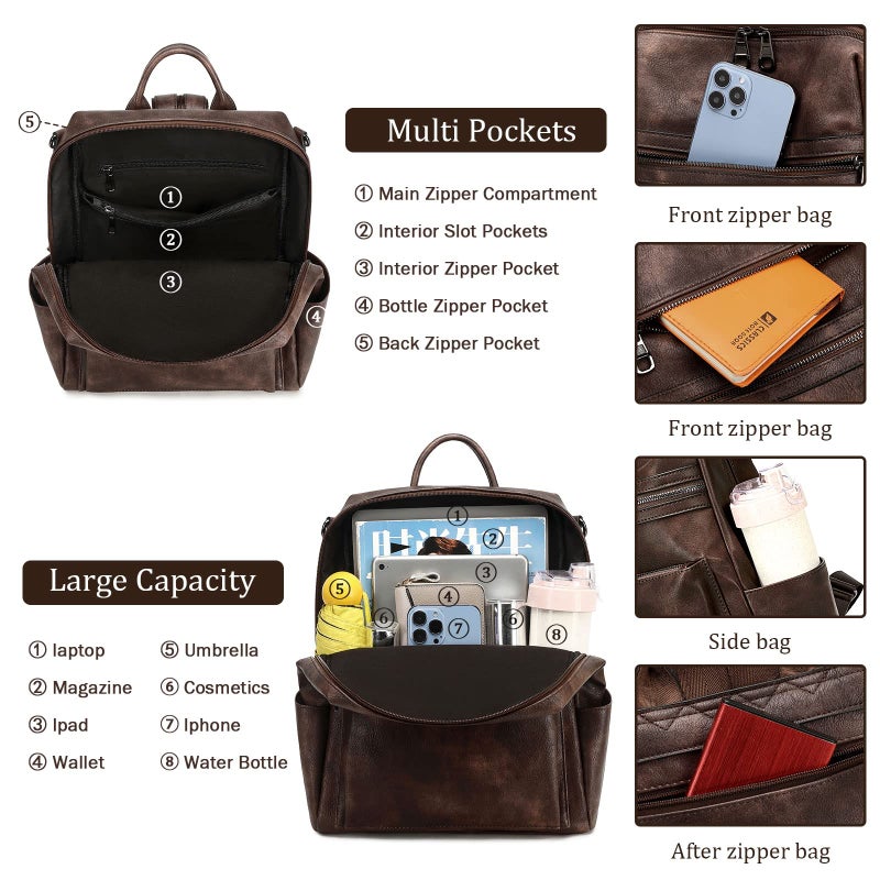 AGLOD Leather Backpack Purse for Women Designer Ladies Shoulder Bag Fashion Faux Work Travel Handbags - Image 3