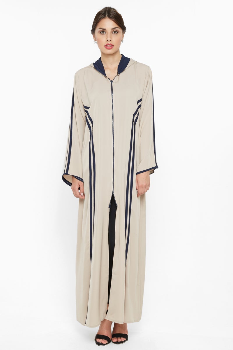 NUKHBAA A casual sporty abaya with a hood and zipped closure with navy blue stripe detail -AJ595A - Image 1