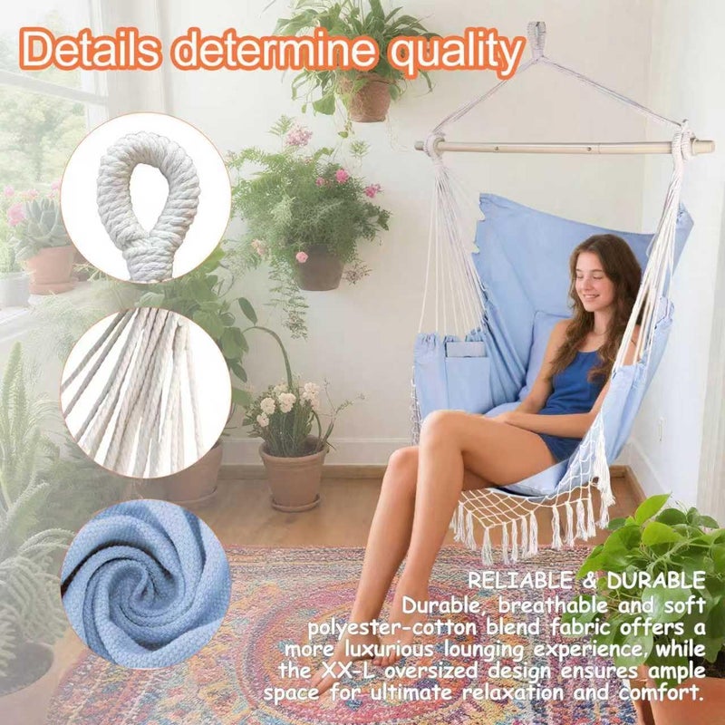 PIRNY Hammock Chair Hanging Rope Swing Chair,Max 500 Lbs, Large Hanging Chair with Pocket, 2 Cushions, Steel Bar with Anti-Slip Rings, Hardware Kit Included, Comfortable for Indoor Outdoor (Blue) - Image 5
