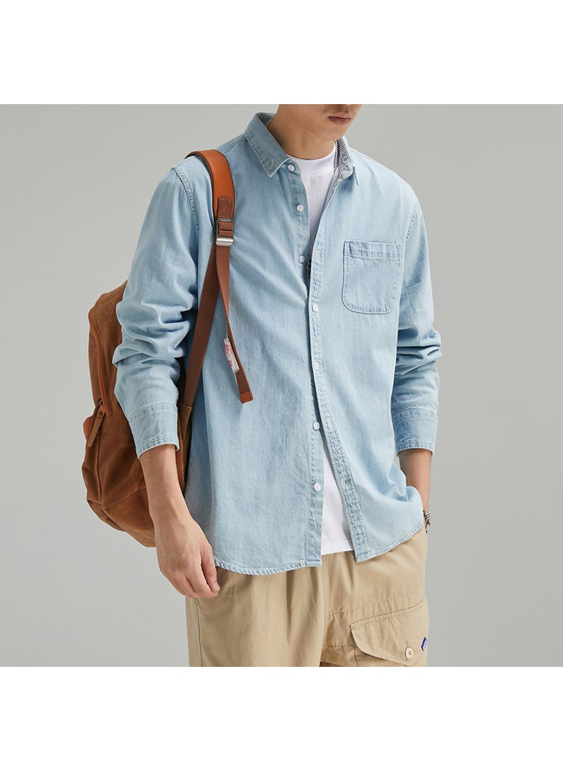Generic - Mens Spring Lightweight Denim Shirt Casual Long Sleeve Dark blue - Image 1