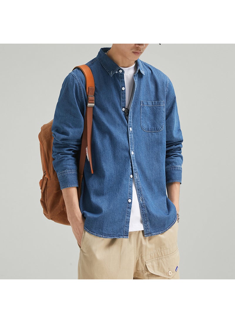 Generic - Mens Spring Lightweight Denim Shirt Casual Long Sleeve Dark blue - Image 1