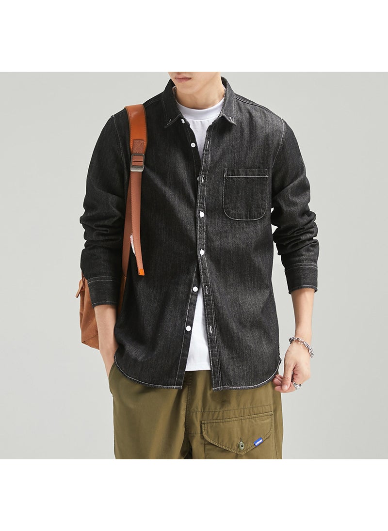 Generic - Mens Spring Lightweight Denim Shirt Casual Long Sleeve Dark blue - Image 1