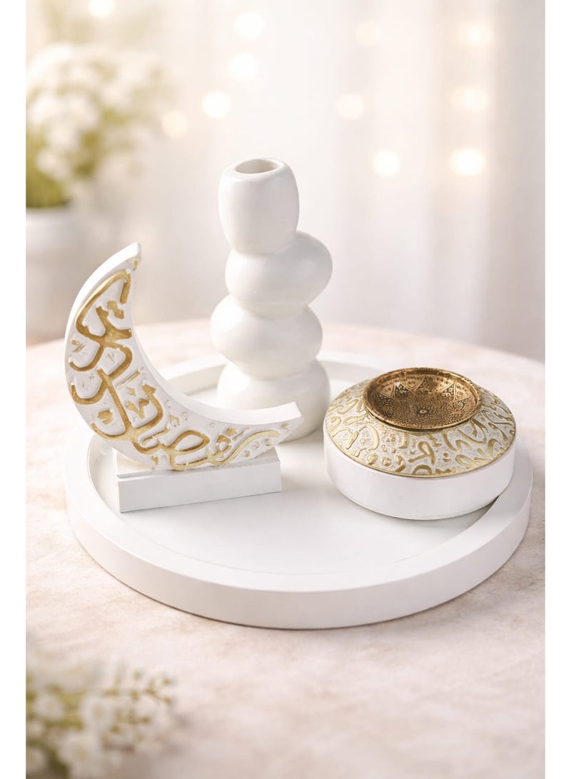 ba9ma Elegant White Ramadan Décor Set – 4 Pieces Made of Polyester (Incense Burner, Vase, Crescent Moon & Tray)