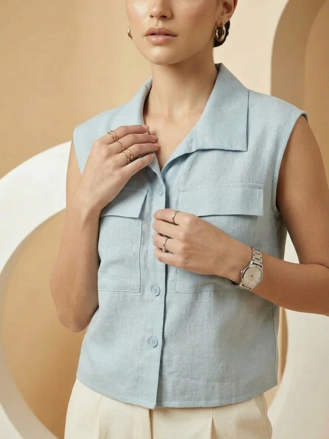 Mish Blue Sleeveless Shirt with Pocket Detail