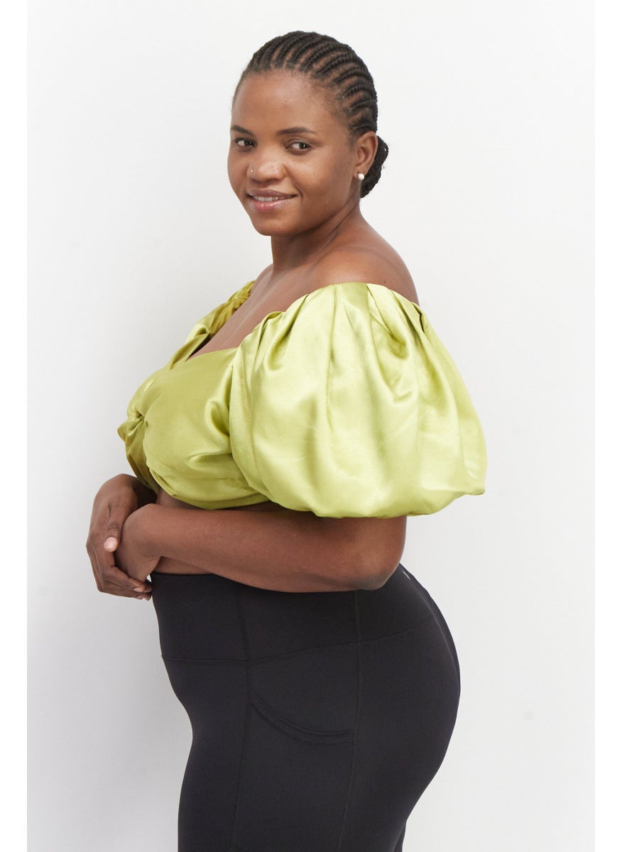 Yaura - Women Plus Size Off-Shoulder Neck Puff Sleeve Textured Crop Top, Lime Green - Image 1