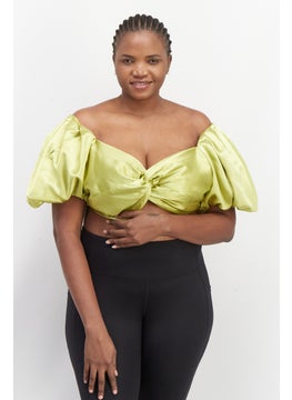 Women Plus Size Off-Shoulder Neck Puff Sleeve Textured Crop Top, Lime Green