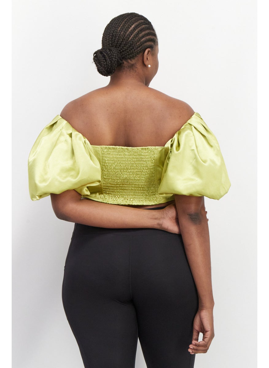 Yaura - Women Plus Size Off-Shoulder Neck Puff Sleeve Textured Crop Top, Lime Green - Image 1