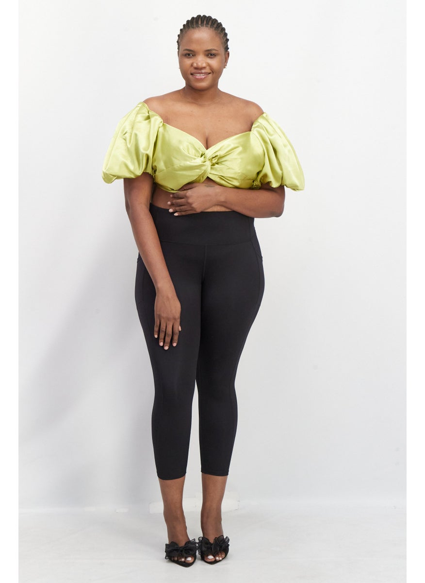 Yaura - Women Plus Size Off-Shoulder Neck Puff Sleeve Textured Crop Top, Lime Green - Image 1