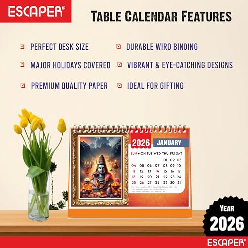 ESCAPER 2026 Lord Shiva Desk Calendar – Mahadev & Shiv Parivar Photo Table Calendar, Sanatana Dharma Hindu Desktop Calendar, 16-Page Spiritual Calendar for Home & Office - Image 4