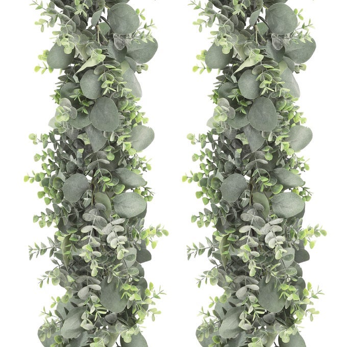 2PCS ARTIFICIAL EUCALYPTUS GARLAND TOTAL 132FT GREENERY GARLAND FAKE EUCALYPTUS LEAVES FOR WEDDING ARCH FARMHOUSE MANTLE TABLE RUNNER CENTERPIECE HOME PARTY DECOR