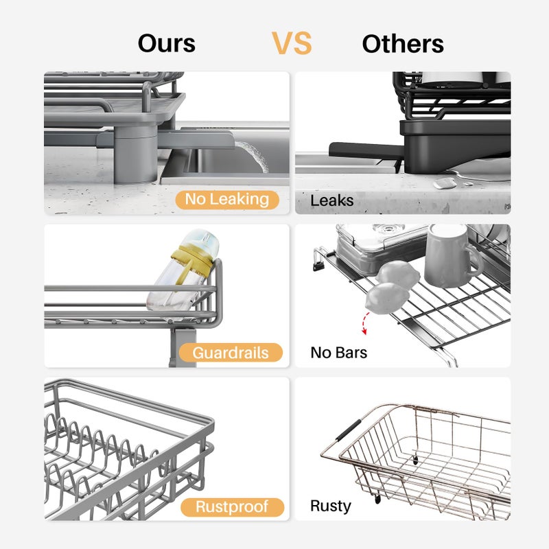 SNTD Dish Drying Rack - Extendable Dish Rack, Large Sink Drying Dish Drainer for Kitchen Counter, Stainless Steel Dish Strainer with Utensil Holder (Grey) - Image 4