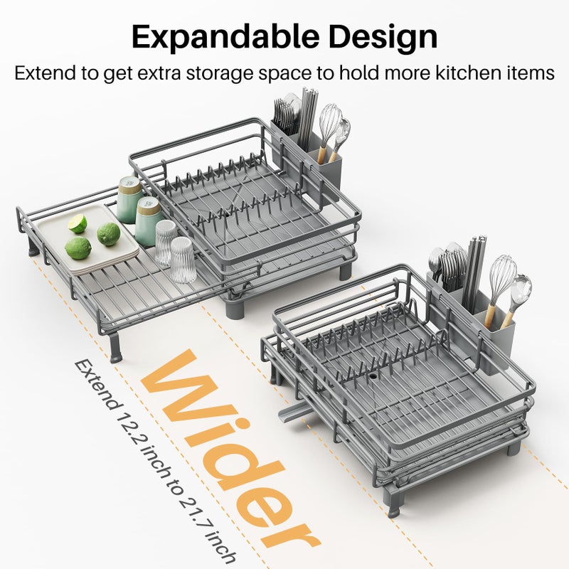 SNTD Dish Drying Rack - Extendable Dish Rack, Large Sink Drying Dish Drainer for Kitchen Counter, Stainless Steel Dish Strainer with Utensil Holder (Grey) - Image 5