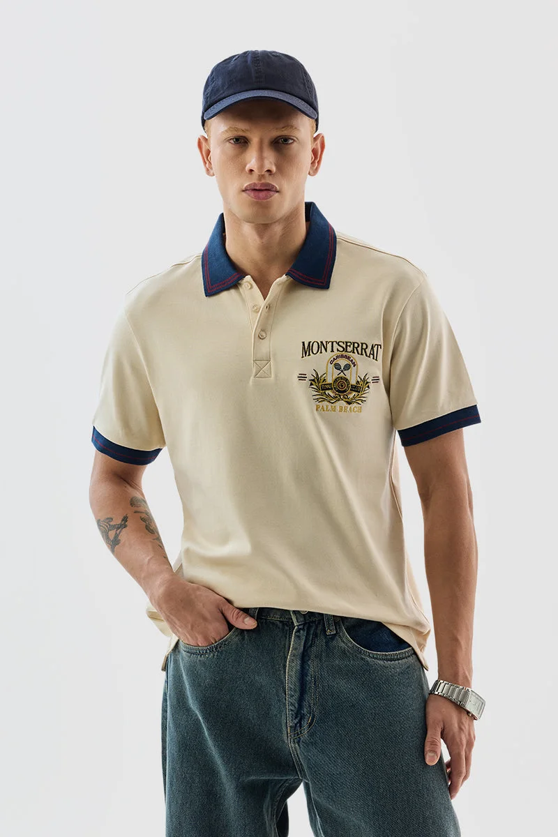 SNITCH Montserrat Cream Embroidered Polo T-Shirt