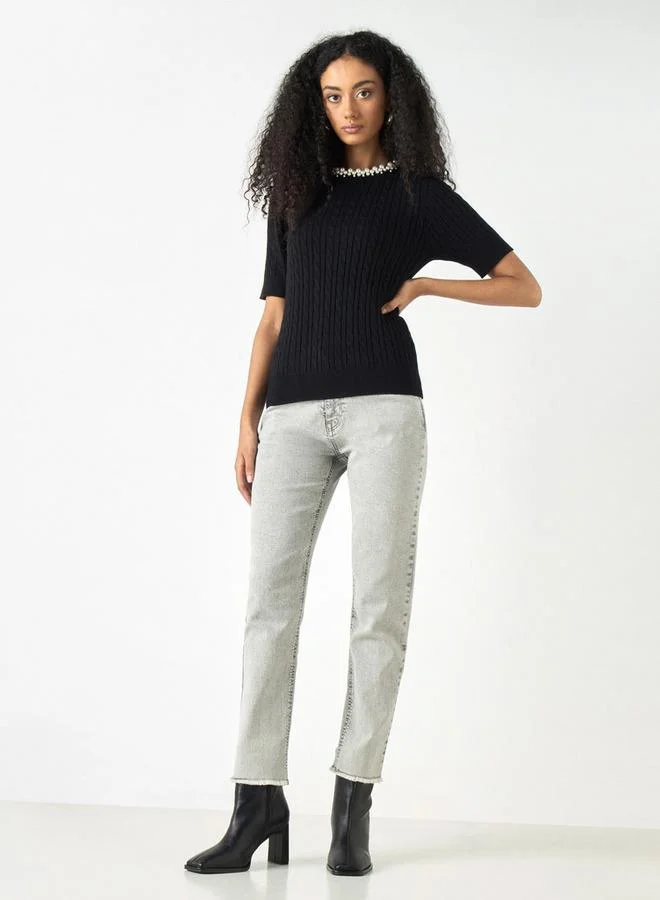 2Xtremz 2Xtremz Pearl Embellished Sweater with Short Sleeves