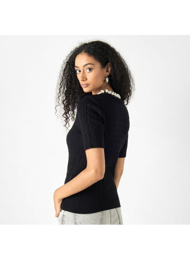 2Xtremz - 2Xtremz Pearl Embellished Sweater with Short Sleeves - Image 1