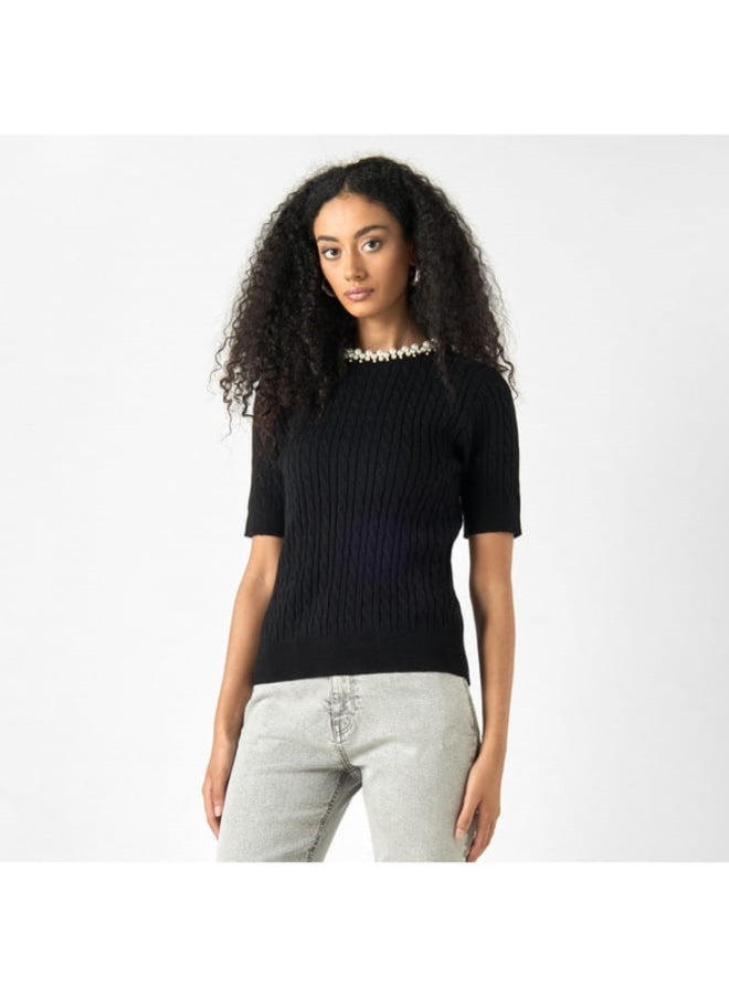 2Xtremz - 2Xtremz Pearl Embellished Sweater with Short Sleeves - Image 1