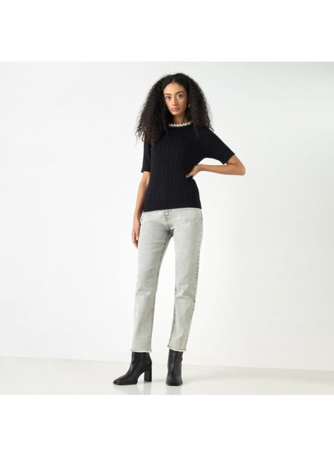 2Xtremz - 2Xtremz Pearl Embellished Sweater with Short Sleeves - Image 1