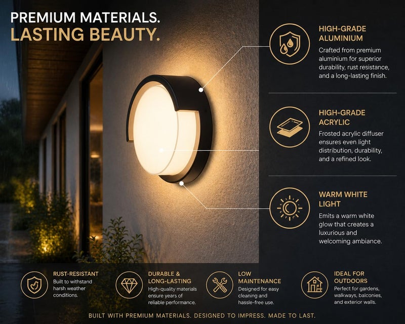 FILLISKA Acrylic LED Wall Light, 12 Watt, Indoor/Outdoor, Warm White, IP-65 Rated (Black Round-919) - Image 3