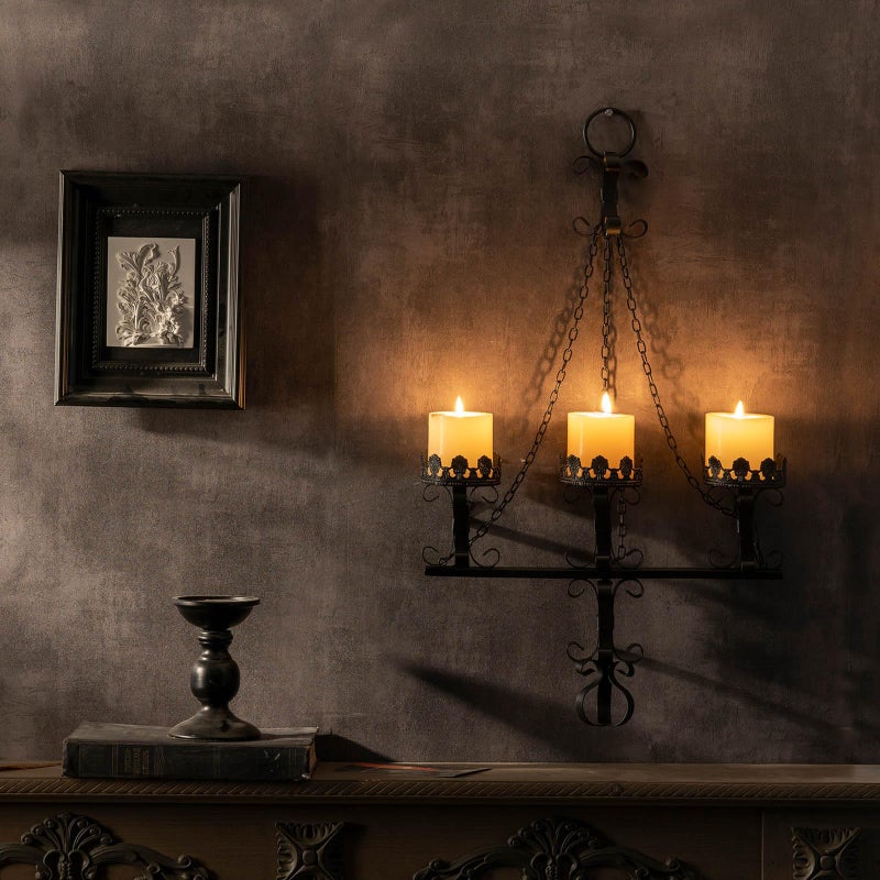 WOPARTY Black Wall Candle Sconces,3 Iron Candelabra,Gothic Victorian Decor,Rustic wall Candle Holder for Bathroom,Living Room,Dining Room Indoor Outdoor Use - Image 5