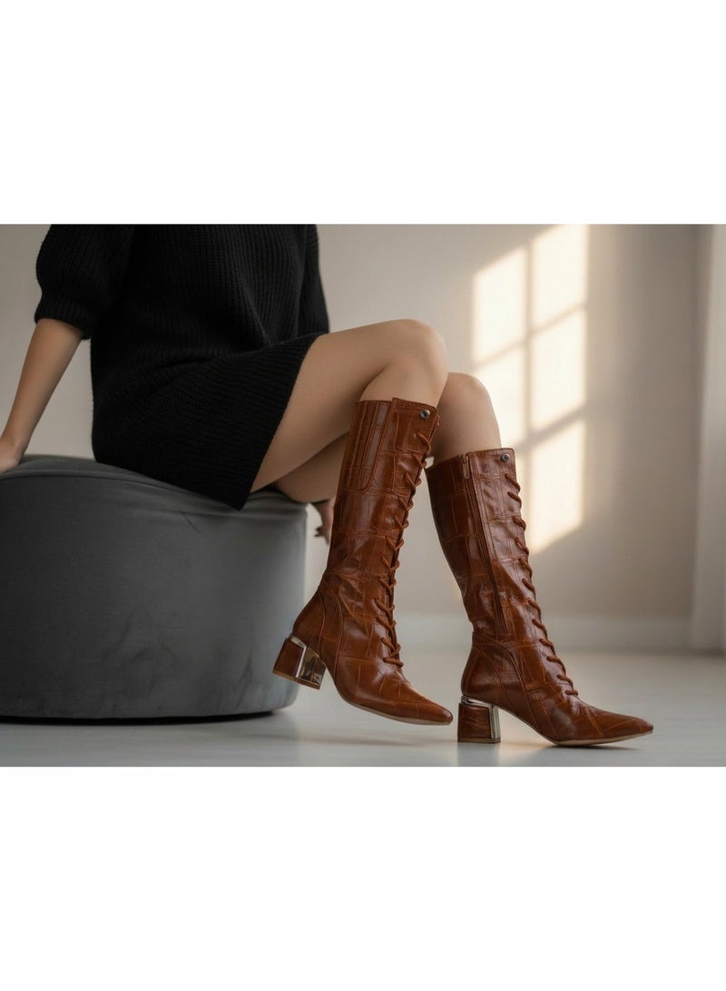 لايف ستيلاش  بوت طويل بكعب متوسط من الجلد برباط وسوسته LB-45 - هافان - Image 1