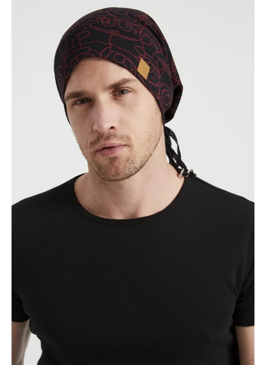 Butikgiz Men's Black Red Patterned Yarn 4 Season Hat Beanie Buff Ultra Soft Combed Cotton