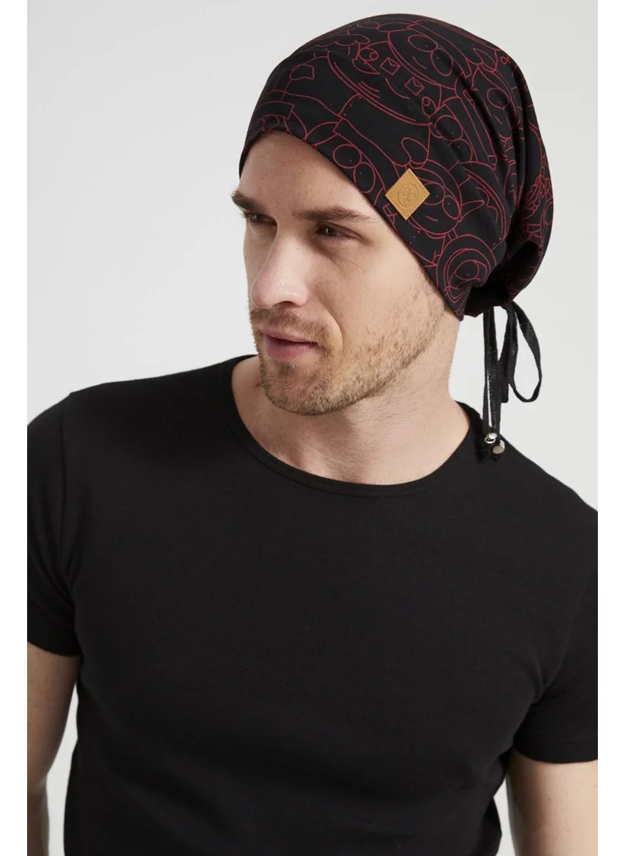 Butikgiz Men's Black Red Patterned Yarn 4 Season Hat Beanie Buff Ultra Soft Combed Cotton