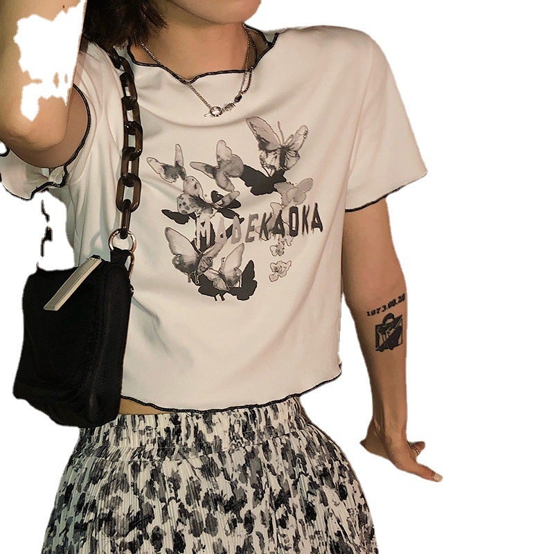 White Short T-Shirt for Women, 2025 Summer New Korean Style, Loose Fit with Butterfly Print and Ruffled Short Sleeves, Student Top - Image 5