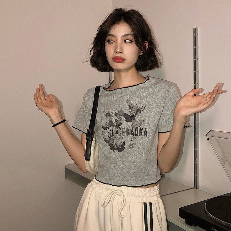 White Short T-Shirt for Women, 2025 Summer New Korean Style, Loose Fit with Butterfly Print and Ruffled Short Sleeves, Student Top - Image 1
