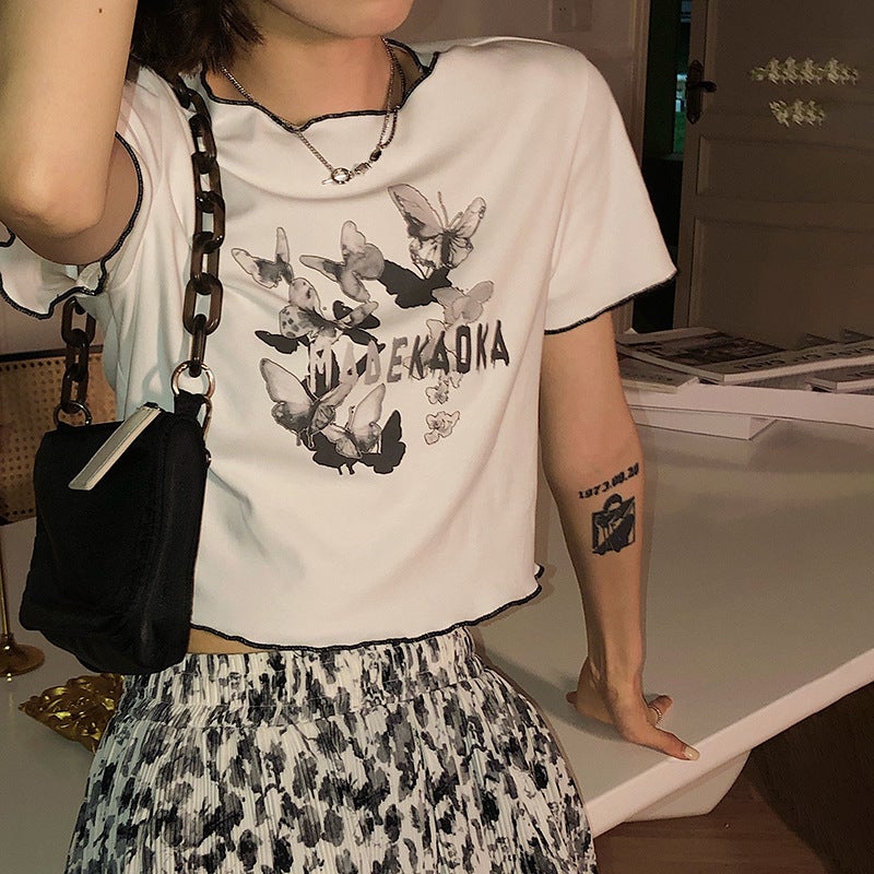 White Short T-Shirt for Women, 2025 Summer New Korean Style, Loose Fit with Butterfly Print and Ruffled Short Sleeves, Student Top - Image 4