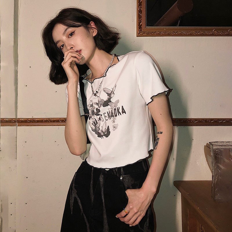 White Short T-Shirt for Women, 2025 Summer New Korean Style, Loose Fit with Butterfly Print and Ruffled Short Sleeves, Student Top - Image 2