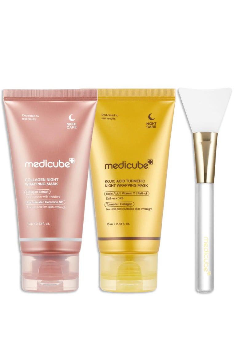 Medicube medicubeViral Glass Glow Overnight Wrapping Mask Duo: Collagen Overnight Wrapping Peel Off Facial Mask Pack and Turmeric Overnight Wrapping Peel Off Mask and Jelly Brush  - Image 1