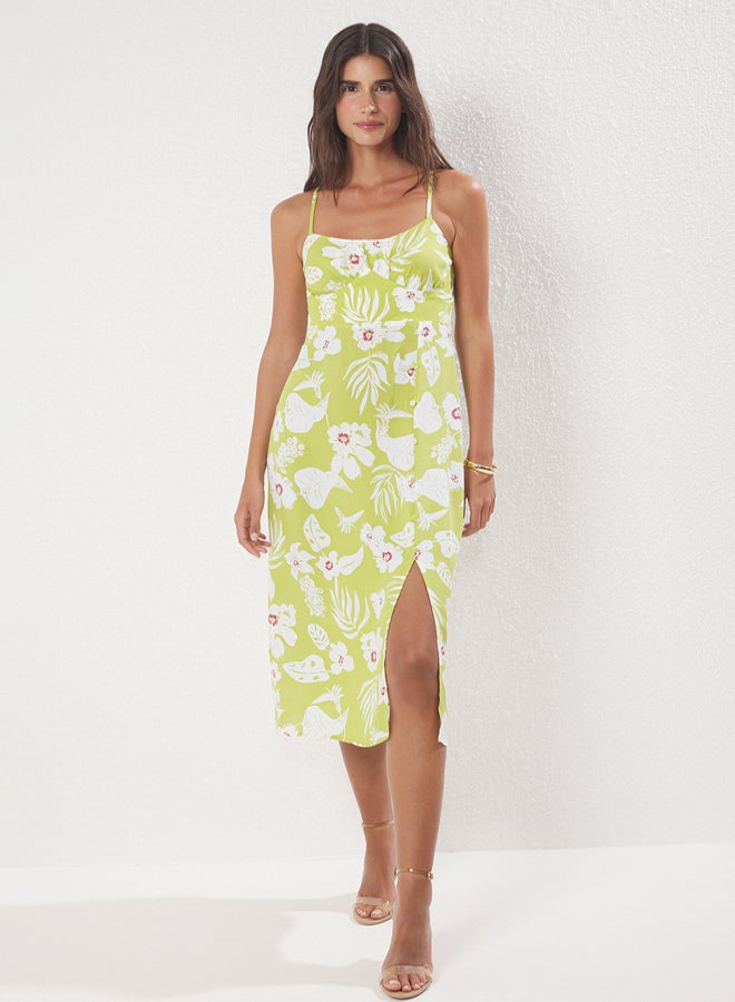 trendyol Green Floral Slit Midi Woven Dress - Image 1