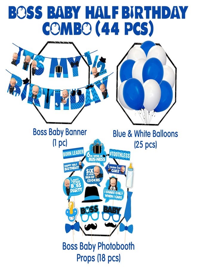 Zyozique Baby Boss Half Birthday Party Supplies, Boss Baby 1/2 Birthday Party Decorations for Boys with Happy Birthday Paper Banner Photobooth Props Balloons(Pack of 44) - Image 2