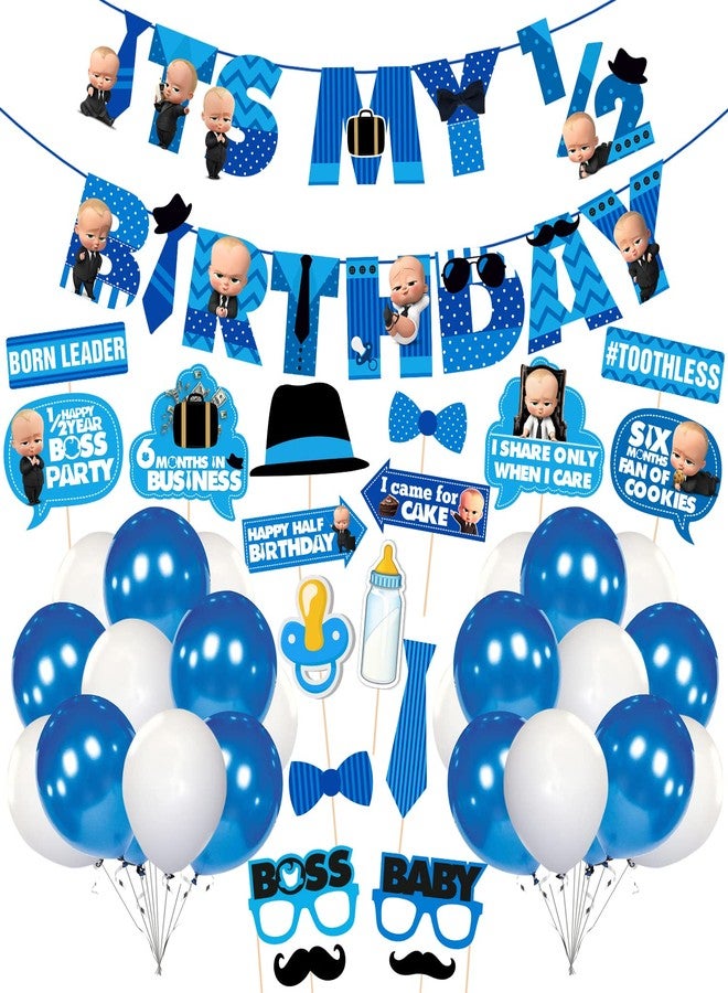 Zyozique Baby Boss Half Birthday Party Supplies, Boss Baby 1/2 Birthday Party Decorations for Boys with Happy Birthday Paper Banner Photobooth Props Balloons(Pack of 44) - Image 1