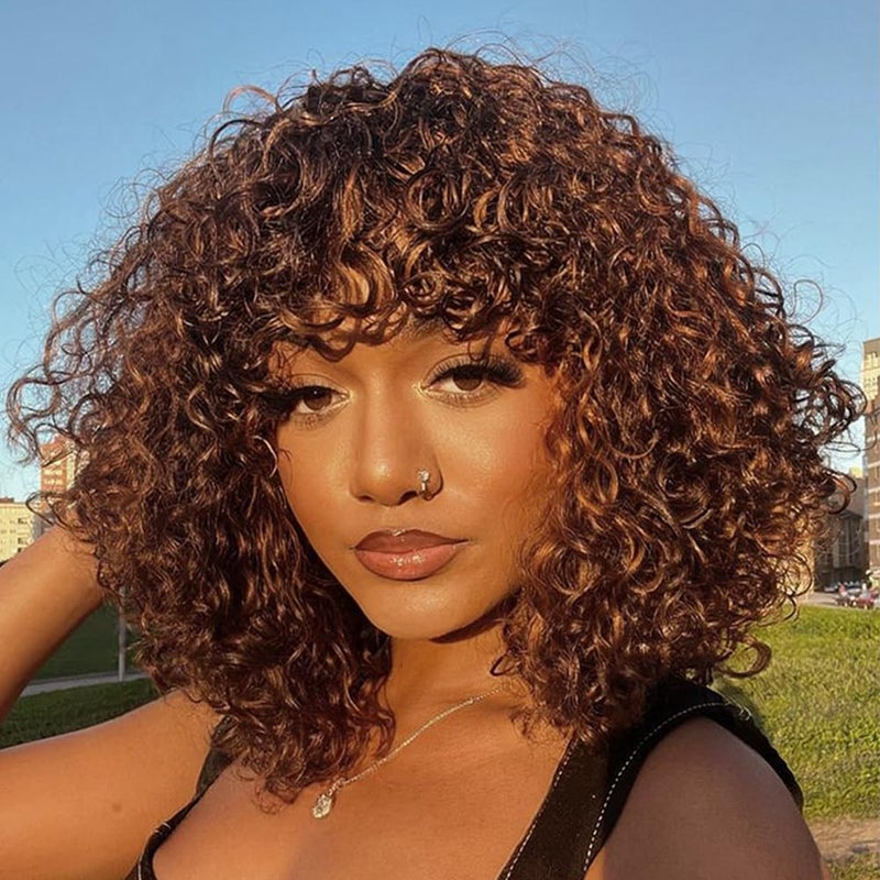 JOEDIR HAIR Short Curly Wig with Bangs Human Hair for Women Ombre Brown 10 inch Short Water Wave Curly Bob Wig Glueless Wig 150% Density (Color: TT1B/33)