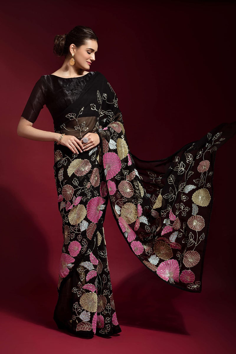 Florely Women's Georgette Heavy Sequence Saree For Women Fancy Saree || Latest Saree For Women (Black) - Image 3