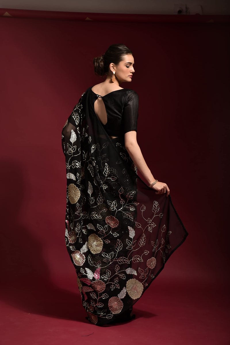 Florely Women's Georgette Heavy Sequence Saree For Women Fancy Saree || Latest Saree For Women (Black) - Image 2