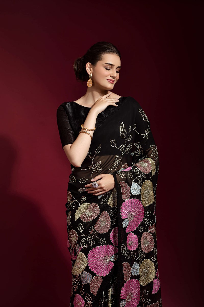 Florely Women's Georgette Heavy Sequence Saree For Women Fancy Saree || Latest Saree For Women (Black) - Image 5