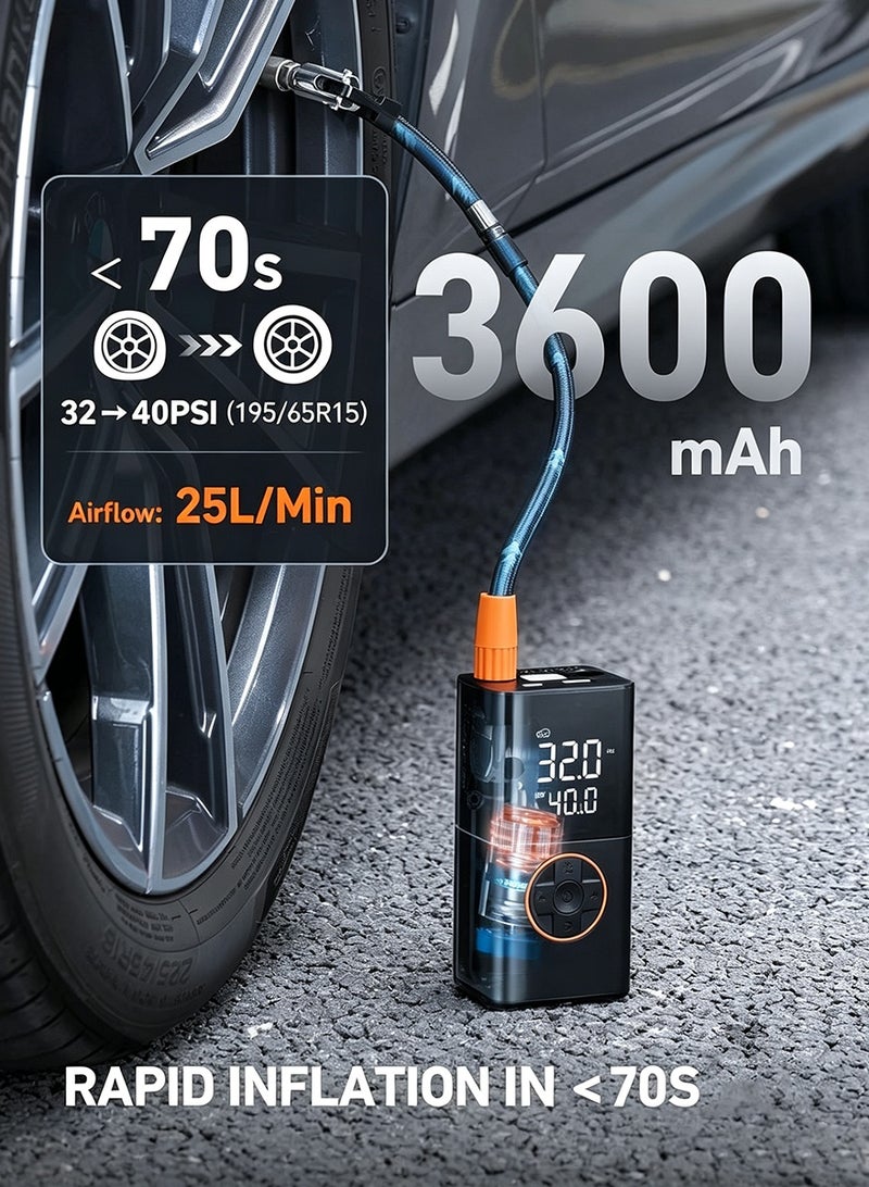 DPTER Tire Inflator Portable Air Compressor, 3600 mAh Battery, 150 PSI, 12V Fast Portable Air Pump with Auto Stop and LED Light, Digital Tire Pressure Detection Air Pump Tyre Inflator for Car, Bike, Ball, etc - Image 3