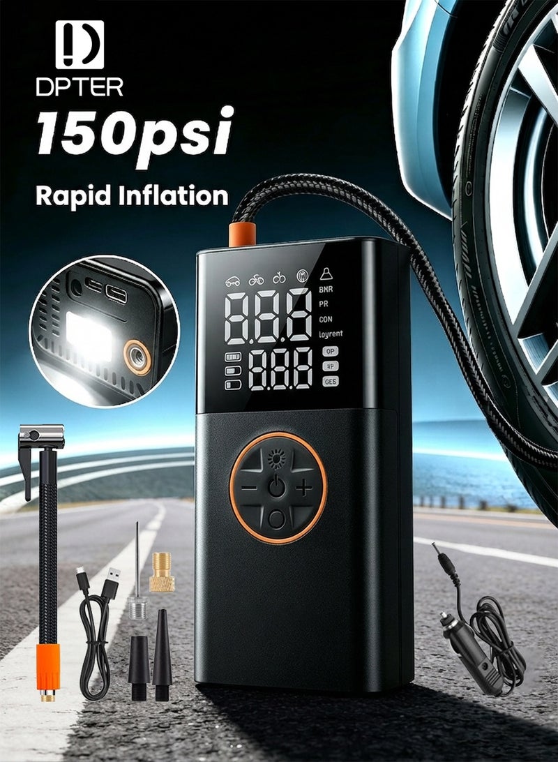 DPTER Tire Inflator Portable Air Compressor, 3600 mAh Battery, 150 PSI, 12V Fast Portable Air Pump with Auto Stop and LED Light, Digital Tire Pressure Detection Air Pump Tyre Inflator for Car, Bike, Ball, etc - Image 1
