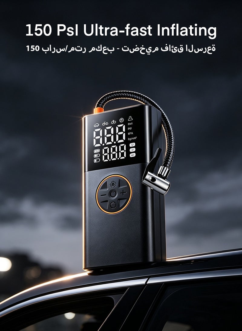 DPTER Tire Inflator Portable Air Compressor, 3600 mAh Battery, 150 PSI, 12V Fast Portable Air Pump with Auto Stop and LED Light, Digital Tire Pressure Detection Air Pump Tyre Inflator for Car, Bike, Ball, etc - Image 2
