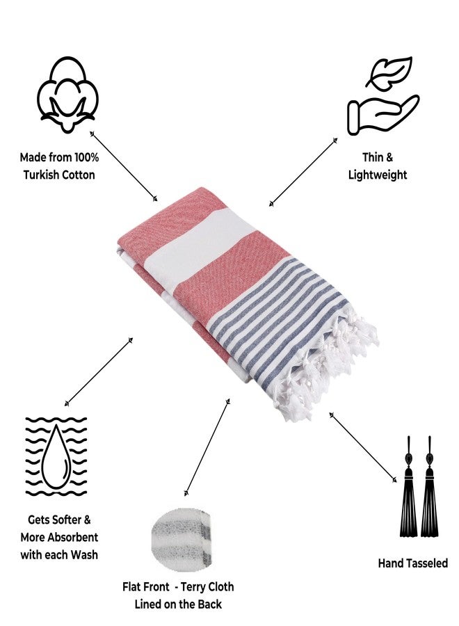 InfuseZen Terry Cloth Lined Turkish Bath & Beach Towel - Marine Stripe Design - 100% Organic Turkish Cotton - Soft, Lightweight, Absorbent - Quick Dry for Beach, Bath, Throw, Travel - Red/Navy - Image 2