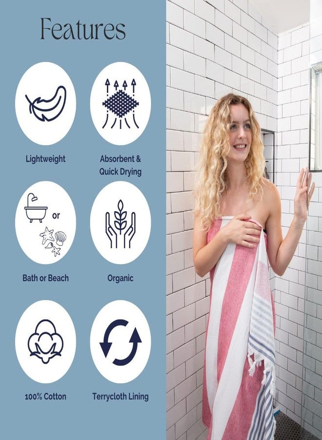InfuseZen Terry Cloth Lined Turkish Bath & Beach Towel - Marine Stripe Design - 100% Organic Turkish Cotton - Soft, Lightweight, Absorbent - Quick Dry for Beach, Bath, Throw, Travel - Red/Navy - Image 5