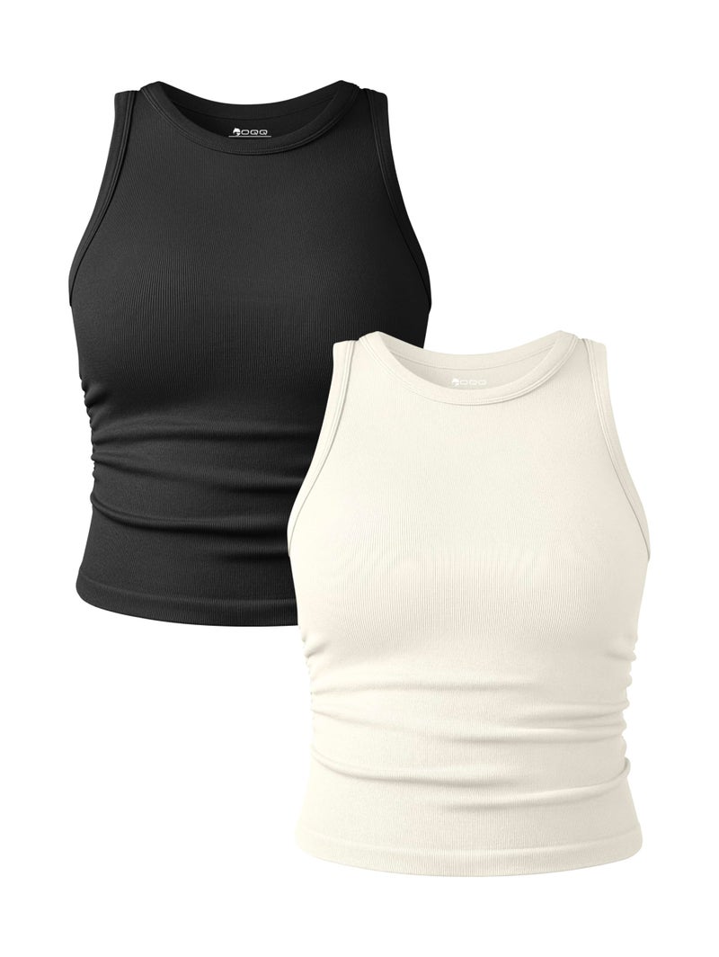 OQQ Women's 2 Piece Tank Tops Crew Neck Sleeveless Basic Stretch Casusal Yoga Crop Camis Black Beige - Image 1