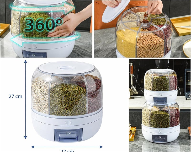 Grain Storage Container Rotatable Rice Dispenser Box 6 Grid Grain Dispenser 360 Degree Rotating Food Dispenser Cereal Dispenser Countertop for Beans Rice Grains