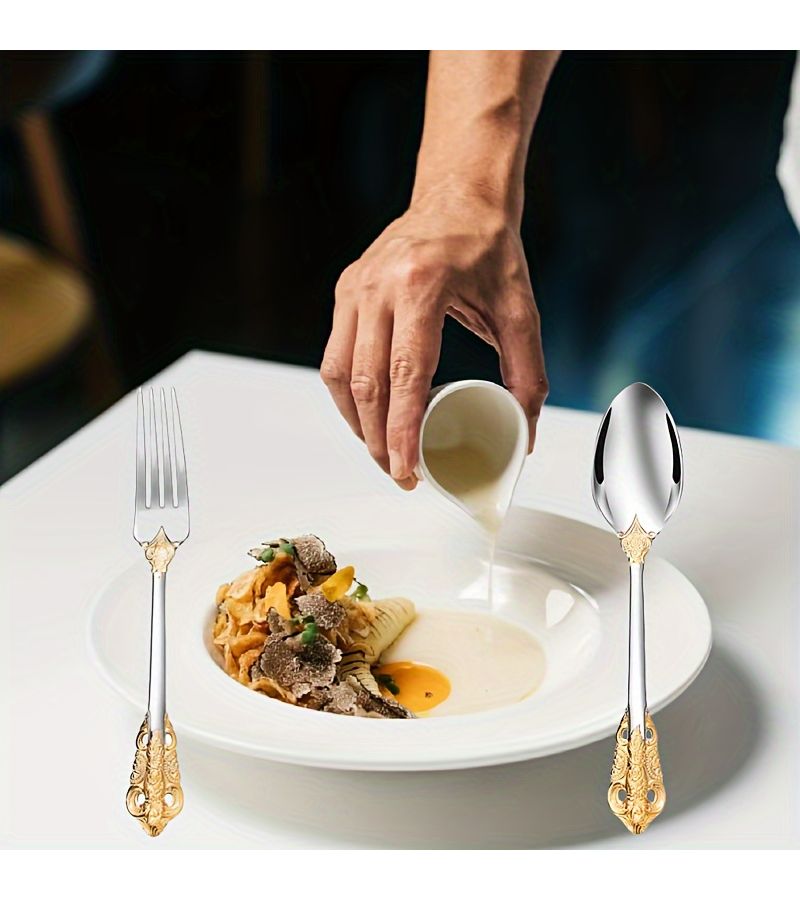 2024 Stainless Steel Gold Plated 5 Piece Cutlery Set Knife Fork Spoon Plastic Cutlery Box Suitable For Hotels Gifts And Home Essentials Couple Cutlery - Image 4