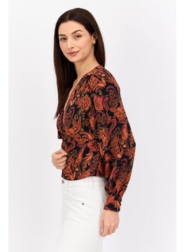 Black Tape Women V Neck Long Sleeves Allover Print Blouse, Multicolor  - Image 2