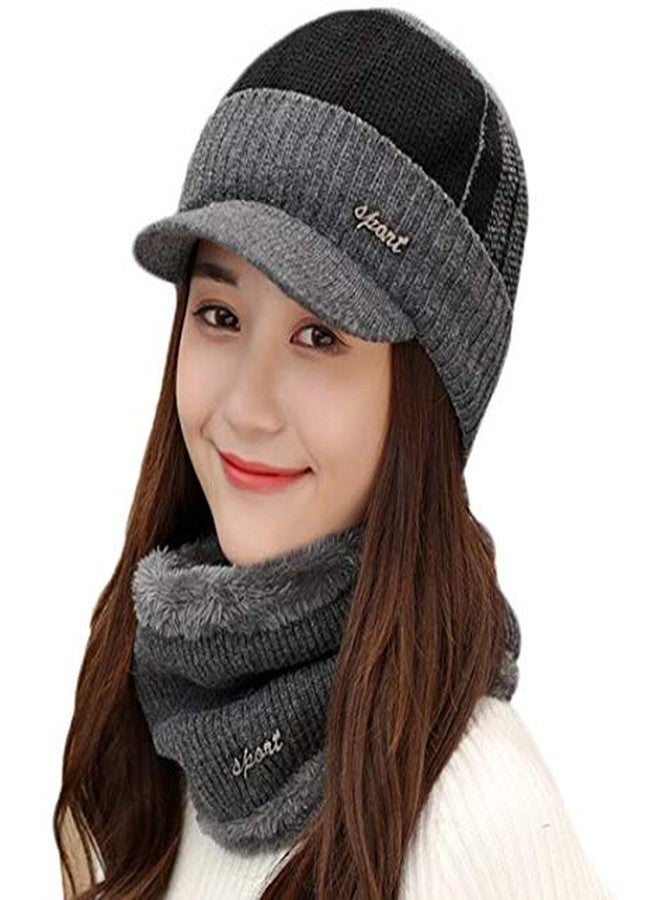 Alexvyan Unisex Wool, Acrylic Winter Cap With Scarf (Combined Cap_Light Brown__1_Grey_Free Size) - Image 1